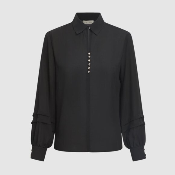 Laura #101300 Button Detail Long Sleeve Blouse Black - Picture 4 of 12